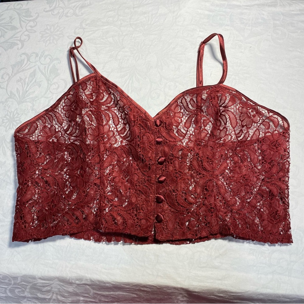 Deadstock Y2K Covered Buttons Button Up Sheer Lace Cropped Cami Large Vintage L